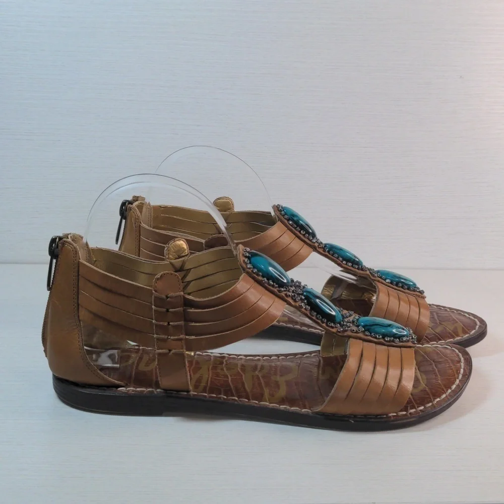 Sam Edelman strappy sandals leather uppers with turquoise beads on top size 9.5 - Picture 3 of 12